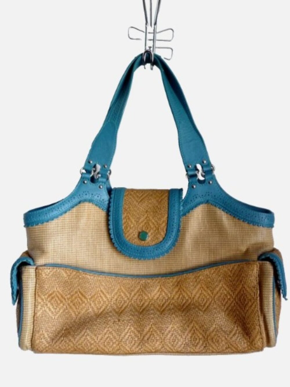 Cole Haan Shoulder Bag Satchel Woven Saddle Straw Turquoise Leather Side Pockets